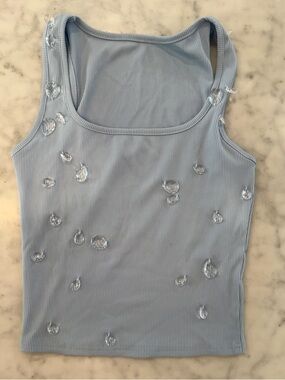 Light Blue Ribbed Tank Top with Crystal Embellishments